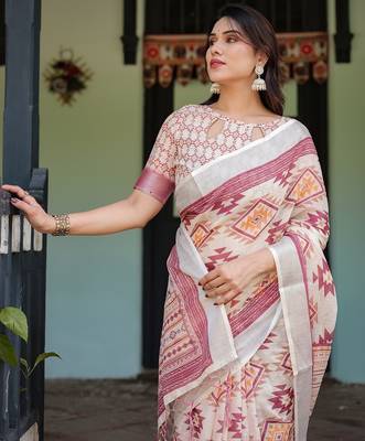 Printed handloom linen saree for women with floral design and tassels 5