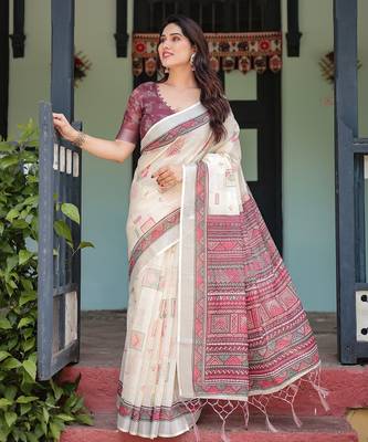 Everyday elegance handloom linen floral saree with blouse piece     5.5m 1