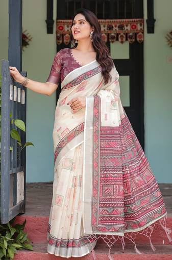 Everyday elegance handloom linen floral saree with blouse piece     5.5m