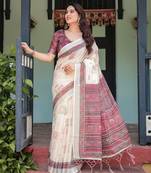 Everyday elegance handloom linen floral saree with blouse piece     5.5m