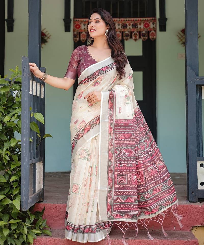 Everyday elegance handloom linen floral saree with blouse piece     5.5m