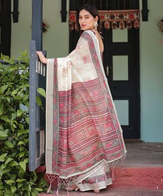 Everyday elegance handloom linen floral saree with blouse piece     5.5m 3