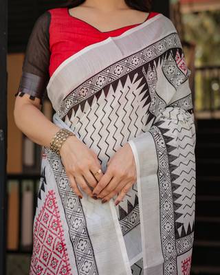 Soft handloom linen saree with multicolor floral print and tassel edges 2