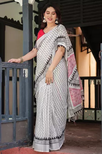 Soft handloom linen saree with multicolor floral print and tassel edges