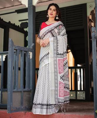 Soft handloom linen saree with multicolor floral print and tassel edges 3