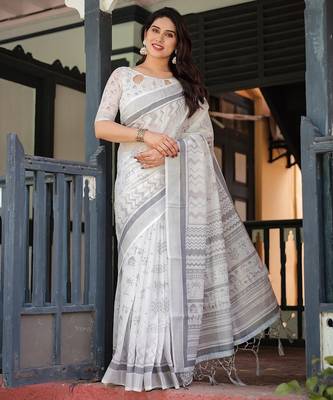 Stylish linen handloom saree with floral digital print and tassels     5.5m + 0.8m 1