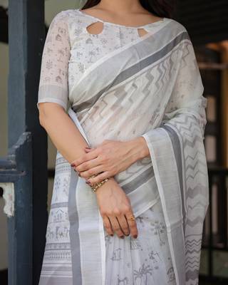 Stylish linen handloom saree with floral digital print and tassels     5.5m + 0.8m 5