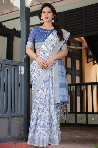 Festive ready handloom linen saree with floral artwork & matching blouse