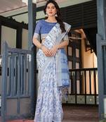 Festive ready handloom linen saree with floral artwork & matching blouse