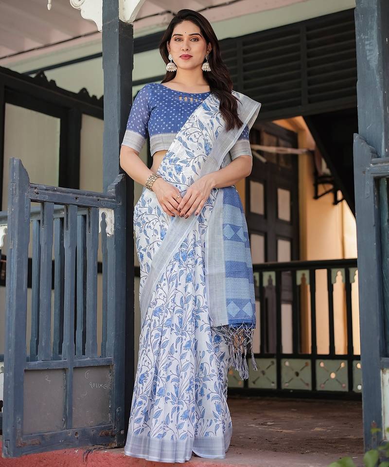 Festive ready handloom linen saree with floral artwork & matching blouse