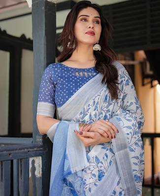 Festive ready handloom linen saree with floral artwork & matching blouse 2