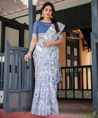 Festive ready handloom linen saree with floral artwork & matching blouse 3