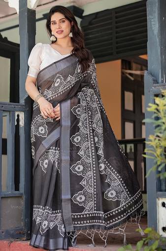 Handloom linen floral printed saree with tassels & attached blouse – 5.5m