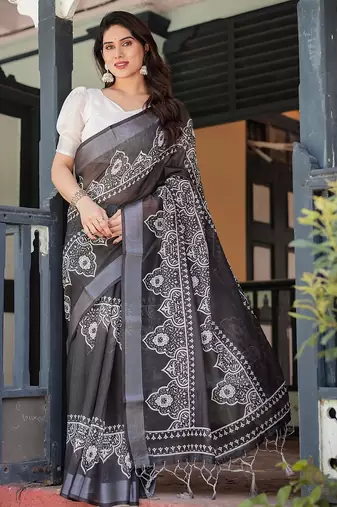Handloom linen floral printed saree with tassels & attached blouse – 5.5m