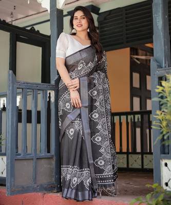 Handloom linen floral printed saree with tassels & attached blouse     5.5m 3