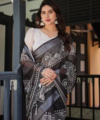 Handloom linen floral printed saree with tassels & attached blouse     5.5m 4