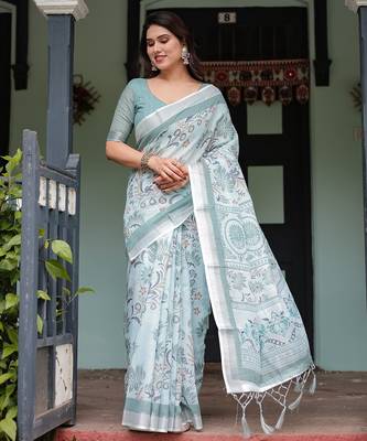 Elegant handloom linen saree with floral print & tassel edges     5.5m + 0.8m blouse 1
