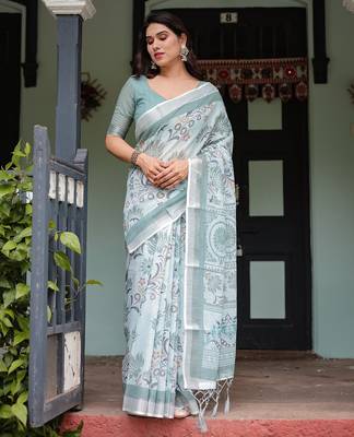 Elegant handloom linen saree with floral print & tassel edges     5.5m + 0.8m blouse 3