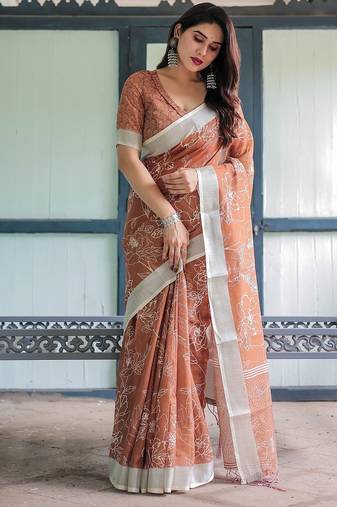 Pure linen handloom saree with floral print and designer tassels
