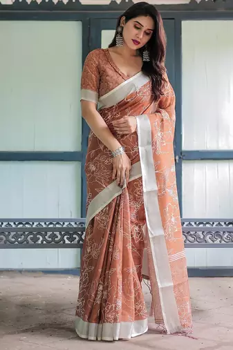 Pure linen handloom saree with floral print and designer tassels