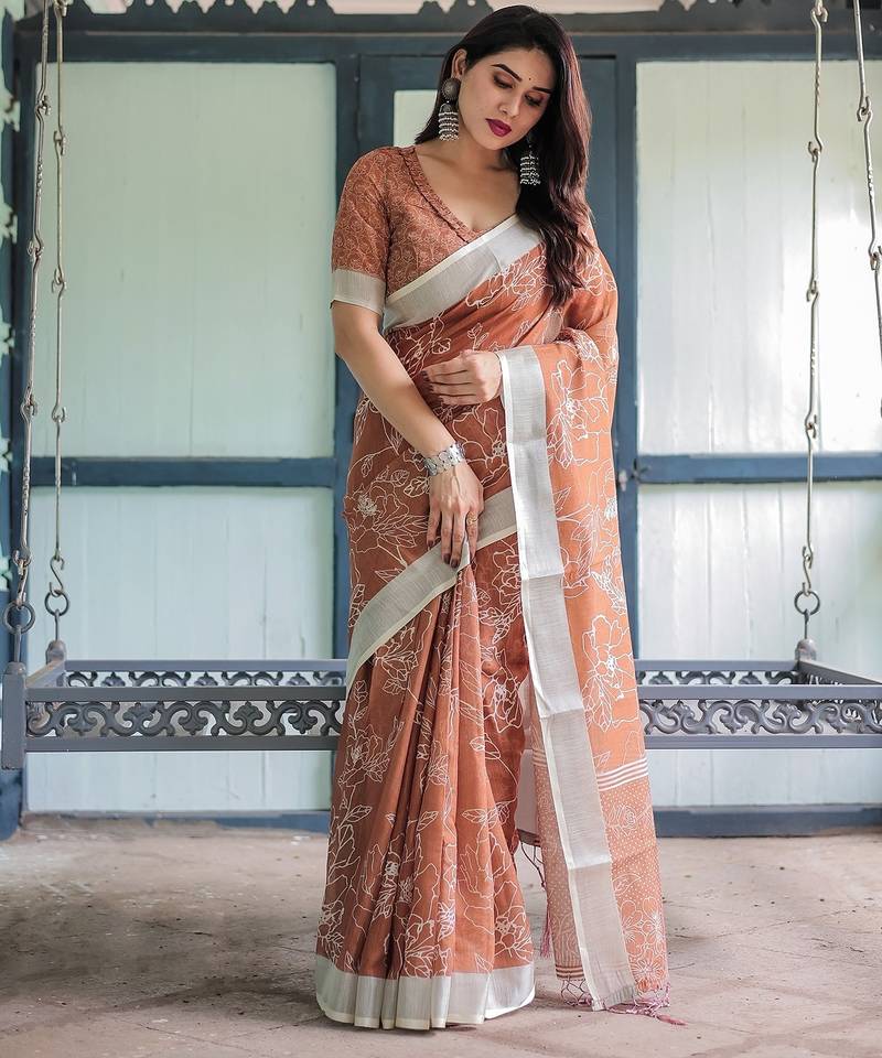 Pure linen handloom saree with floral print and designer tassels