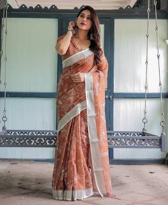 Pure linen handloom saree with floral print and designer tassels 5