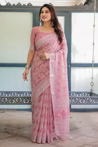 Floral printed linen saree in handloom weave with blouse piece – 5.5m