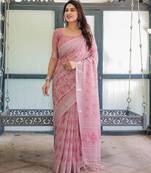 Floral printed linen saree in handloom weave with blouse piece     5.5m