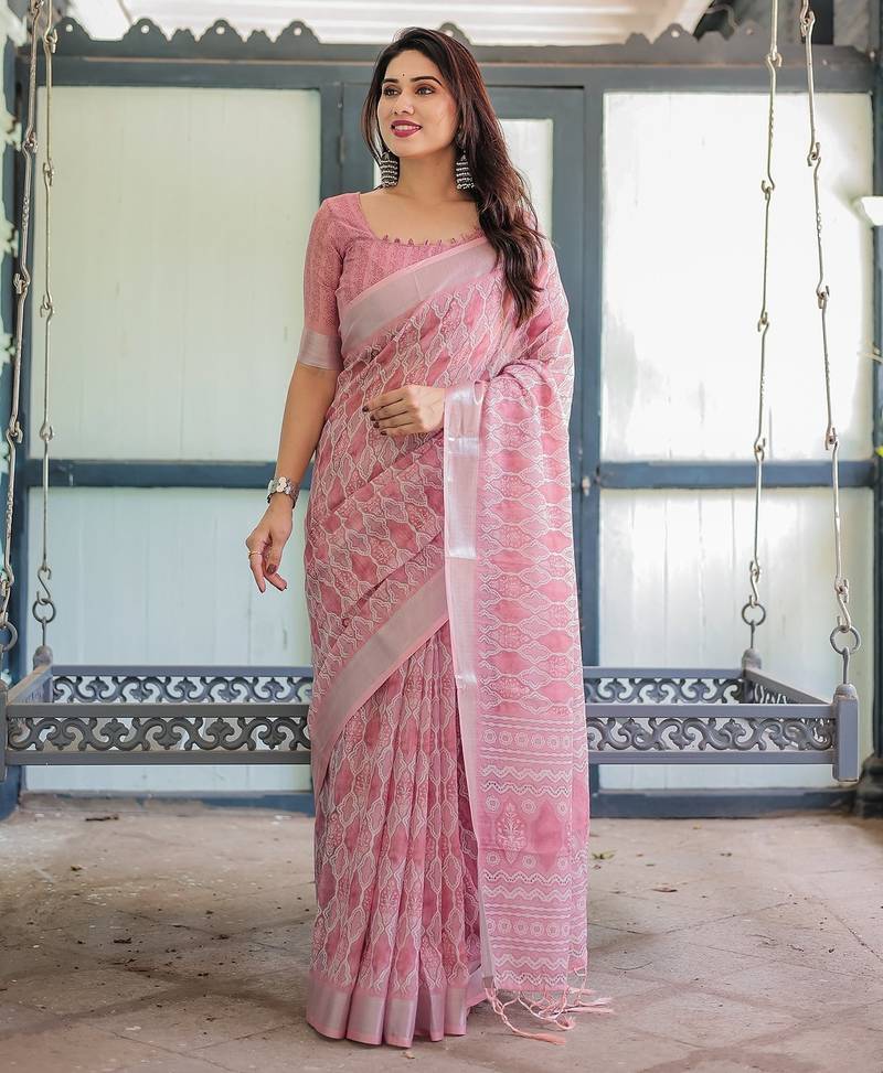 Floral printed linen saree in handloom weave with blouse piece     5.5m