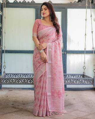 Floral printed linen saree in handloom weave with blouse piece     5.5m 2