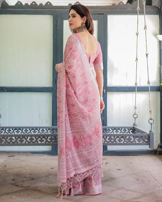 Floral printed linen saree in handloom weave with blouse piece     5.5m 3