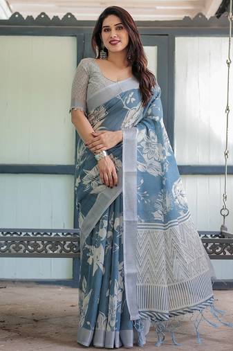 Soft handloom linen floral saree with tassels     includes 0.8m blouse