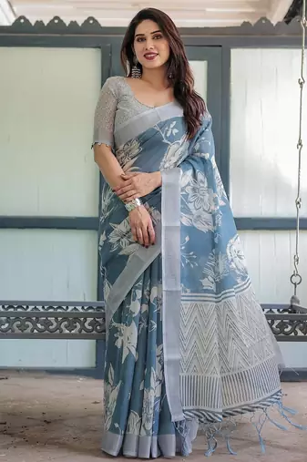 Soft handloom linen floral saree with tassels – includes 0.8m blouse