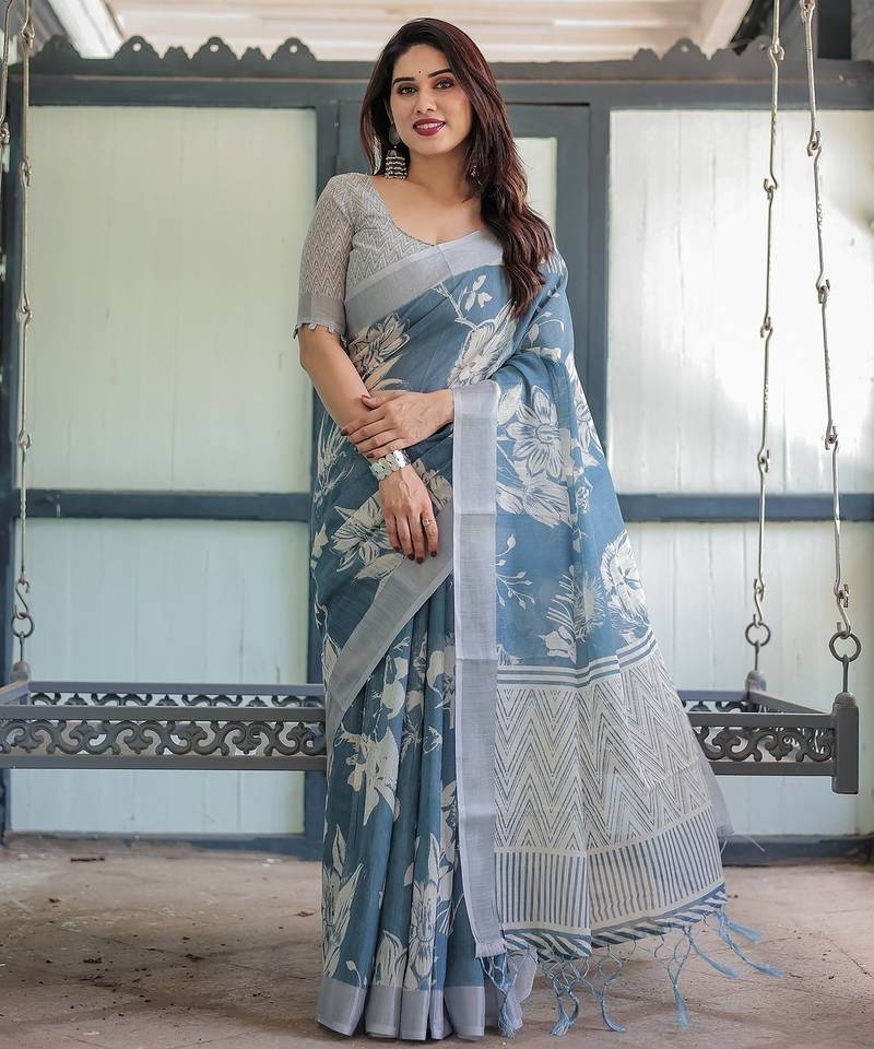 Soft handloom linen floral saree with tassels     includes 0.8m blouse