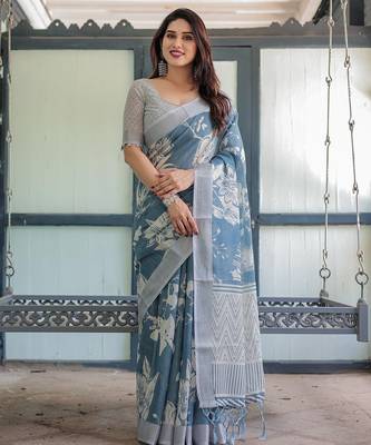 Soft handloom linen floral saree with tassels     includes 0.8m blouse 3