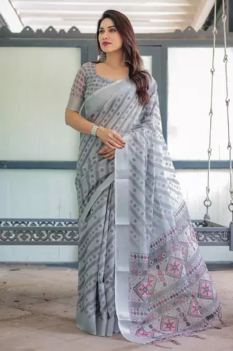 Printed floral handloom linen saree with stylish tassel finish – ready to wear