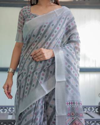 Printed floral handloom linen saree with stylish tassel finish     ready to wear 3