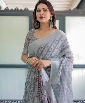 Printed floral handloom linen saree with stylish tassel finish     ready to wear 5