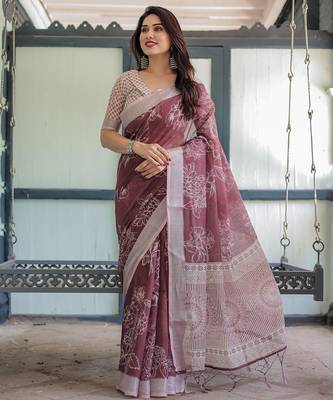 Graceful handloom linen saree with artistic floral print & tassels 1