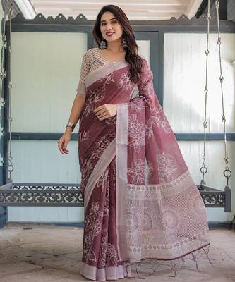Graceful handloom linen saree with artistic floral print & tassels 2