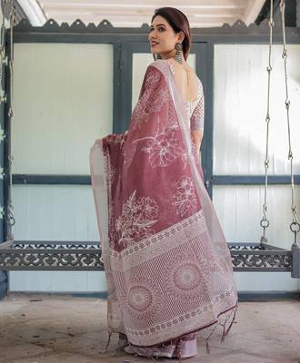 Graceful handloom linen saree with artistic floral print & tassels 3