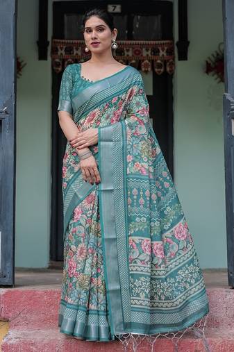 Designer floral print handloom linen saree with tassel pallu & blouse