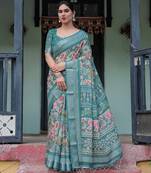 Designer floral print handloom linen saree with tassel pallu & blouse