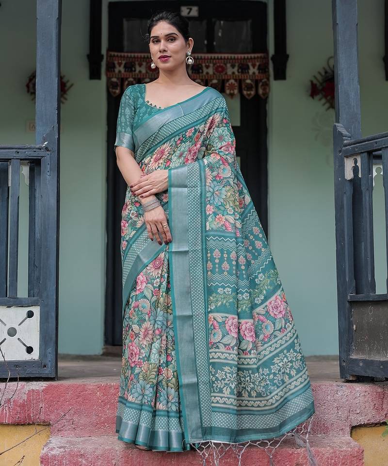Designer floral print handloom linen saree with tassel pallu & blouse