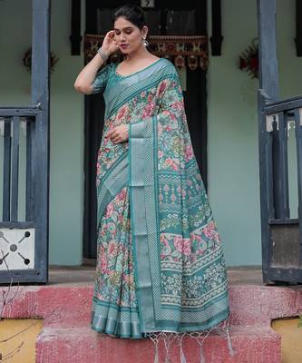 Designer floral print handloom linen saree with tassel pallu & blouse 2