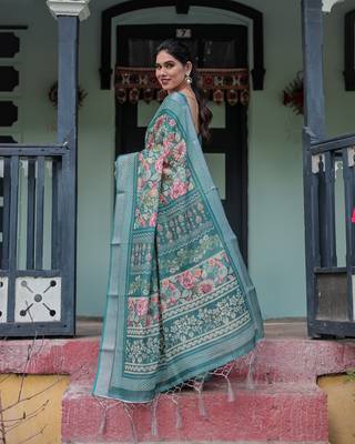 Designer floral print handloom linen saree with tassel pallu & blouse 3