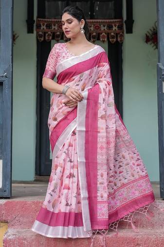 Linen handloom saree with digital floral print and tassels – festive wear