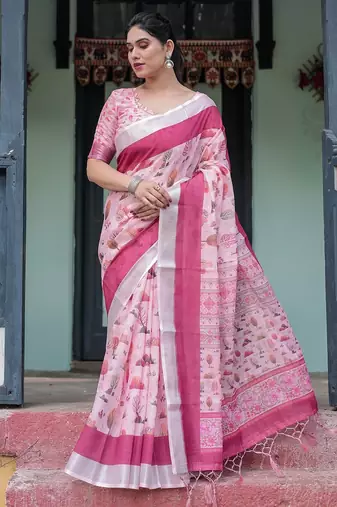 Linen handloom saree with digital floral print and tassels – festive wear