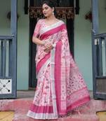 Linen handloom saree with digital floral print and tassels     festive wear