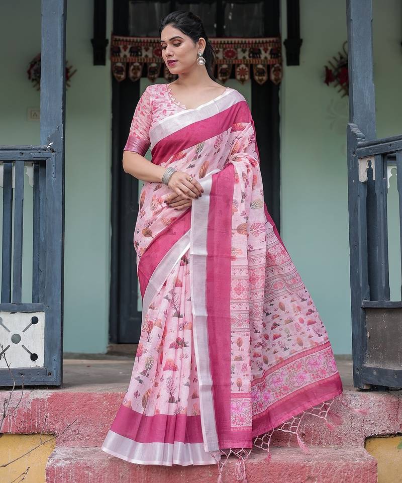 Linen handloom saree with digital floral print and tassels     festive wear